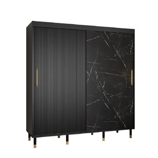 The CHOICEWARDROBE Millwall 2 Door Sliding Wardrobe (200cm) features a black marble and ribbed design, gold handles, elevated legs with gold tips, plus premium storage including hanging rails and shelves.