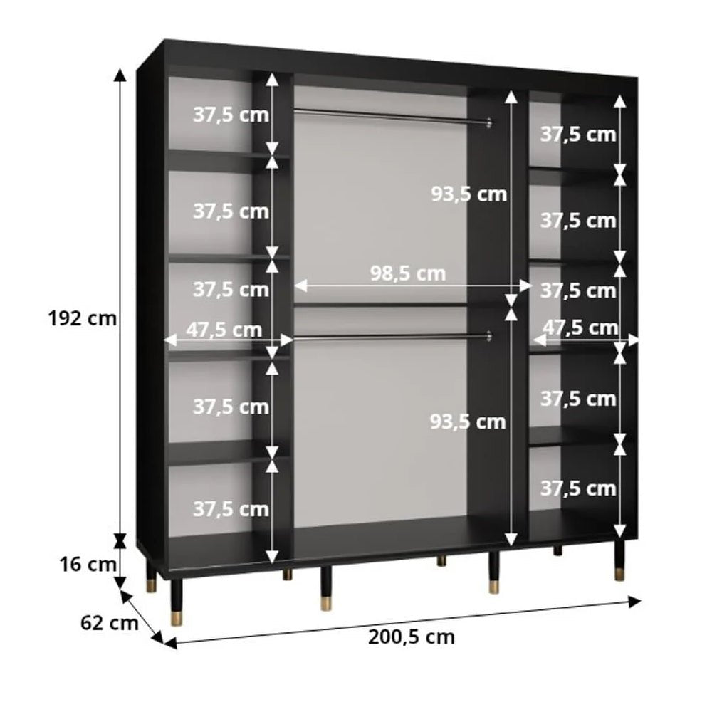 200cm black sliding door wardrobe with shelves and hanging rails