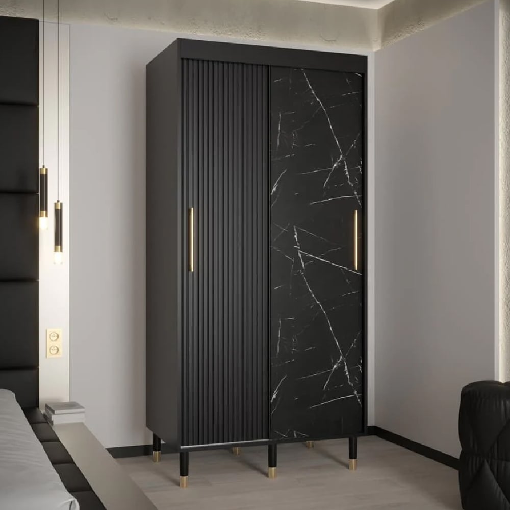 CHOICEWARDROBE Millwall 100cm black 2-door sliding wardrobe with marble and ribbed doors, gold handles.