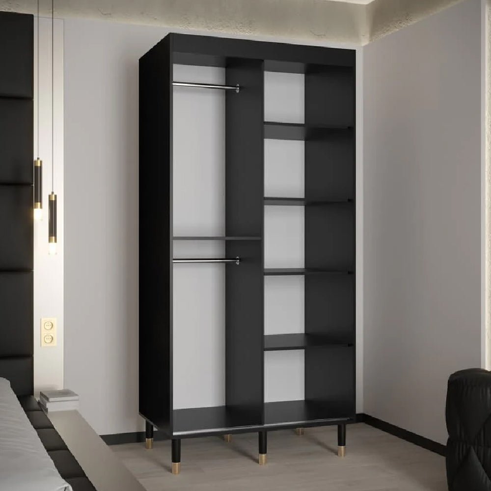 CHOICEWARDROBE Millwall 2 door black sliding wardrobe with gold accent legs, internal shelves and hanging rail