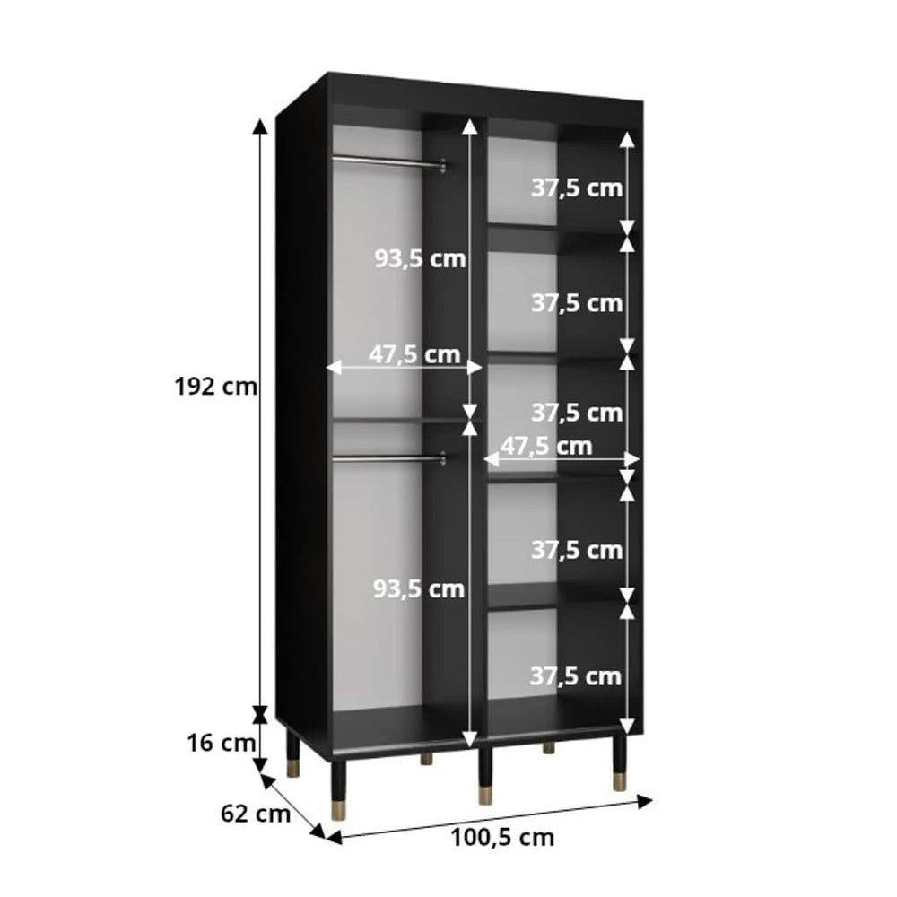 CHOICEWARDROBE Millwall 100cm black two-door wardrobe with gold accent legs and internal shelves.