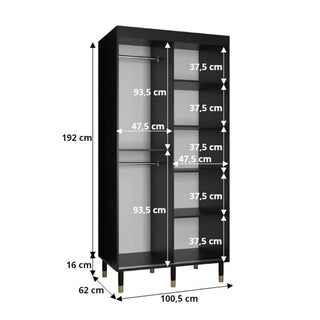 The CHOICEWARDROBE Millwall 2 Door Wardrobe (100cm, Black Marble & Ribbed Finish) features gold accents, modern legs, a luxe design with shelves and a hanging rail—ideal for organizing clothes and accessories in style.