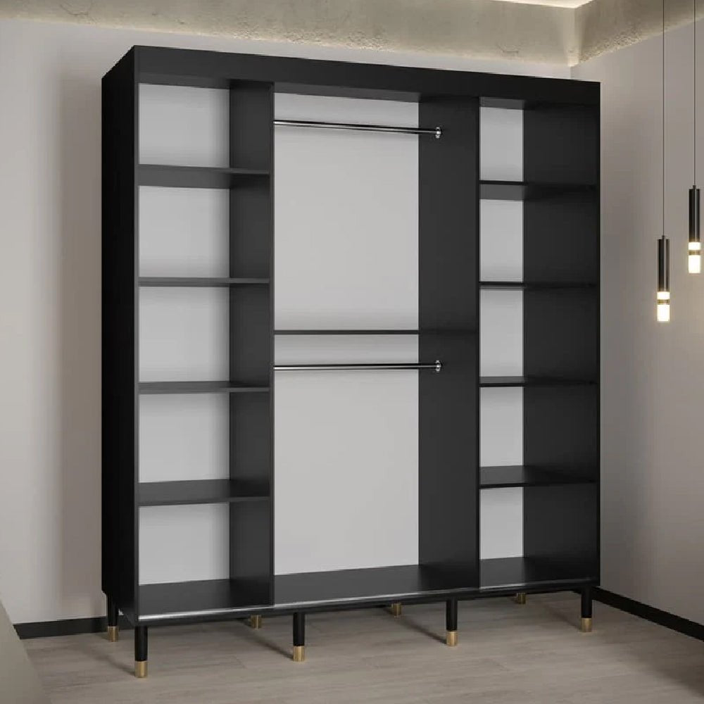CHOICEWARDROBE Millwall 180cm black 2-door sliding wardrobe with gold handles and open shelving.