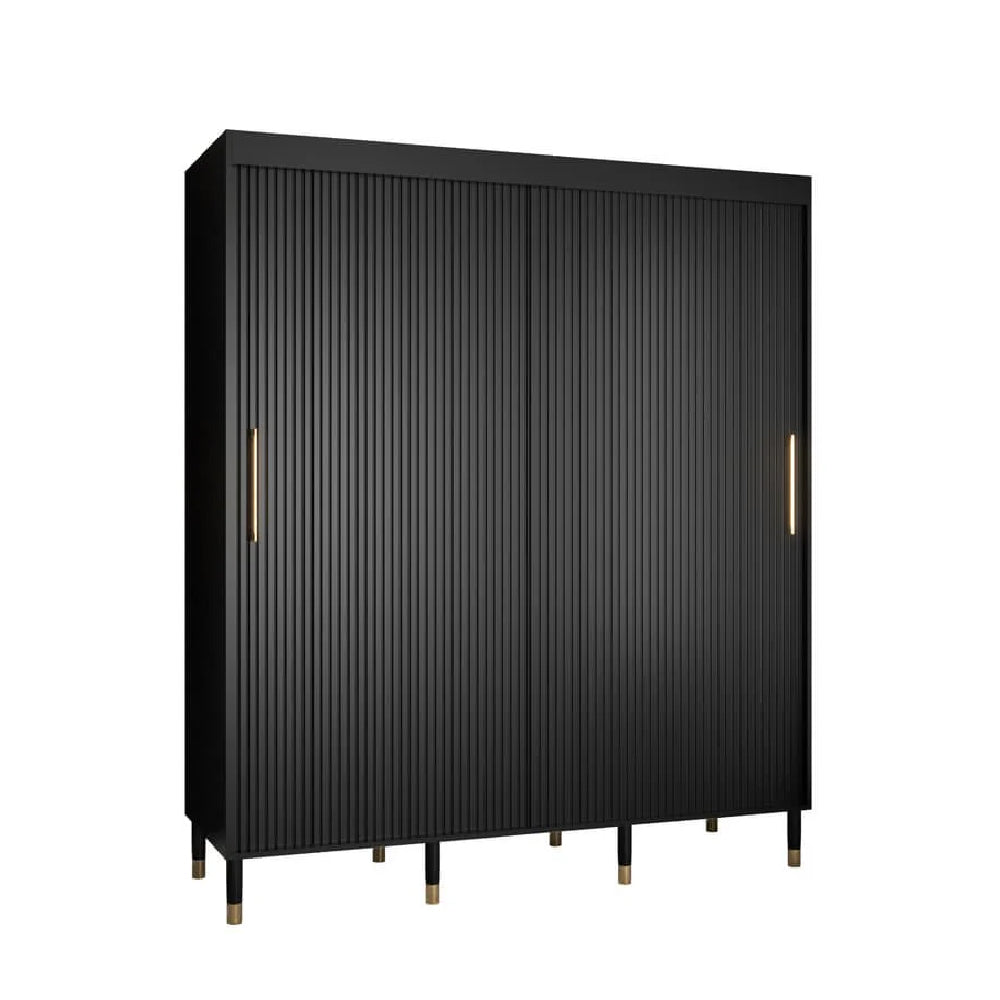 CHOICEWARDROBE Millwall 180cm matt black two-door sliding ribbed wardrobe with gold handles.