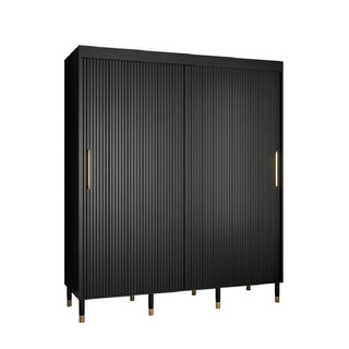 The CHOICEWARDROBE Millwall 2 Door Wooden Sliding Wardrobe (180cm) features a matt black ribbed design, gold handles, and raised metal legs. This modern wardrobe offers ample bedroom storage in a sleek, minimalist style.
