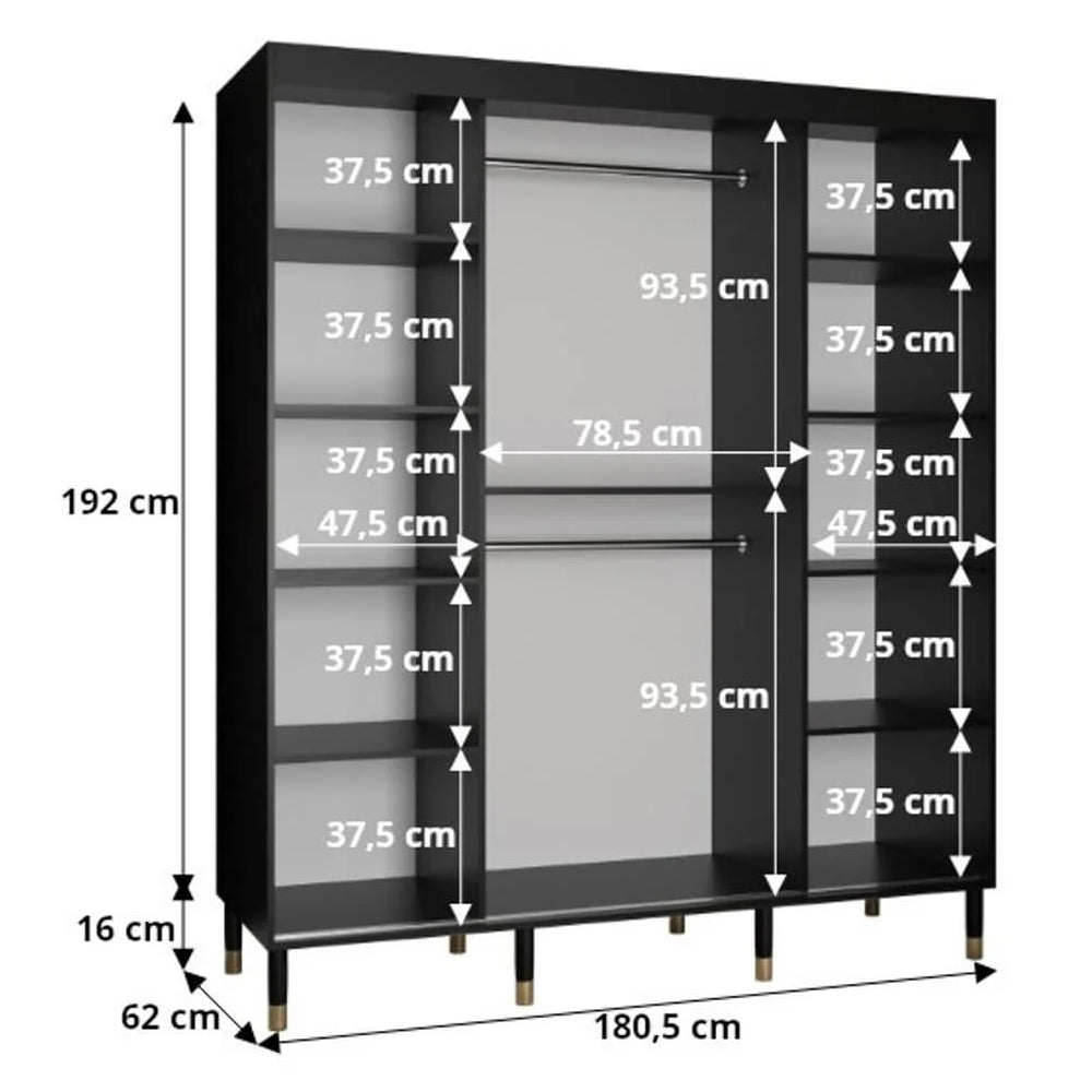 180cm matt black sliding wardrobe with gold handles and raised legs, showing internal shelf dimensions.