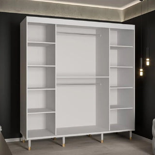 The CHOICEWARDROBE Millwall 200cm White Marble Effect 2 Door Sliding Wardrobe features ribbed panels, gold handles, and a modern finish—perfect for stylish storage with a sleek, elegant look against any dark wall.