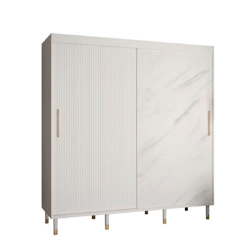CHOICEWARDROBE Millwall 200cm white sliding wardrobe with ribbed panel, marble-effect door, and gold handles.