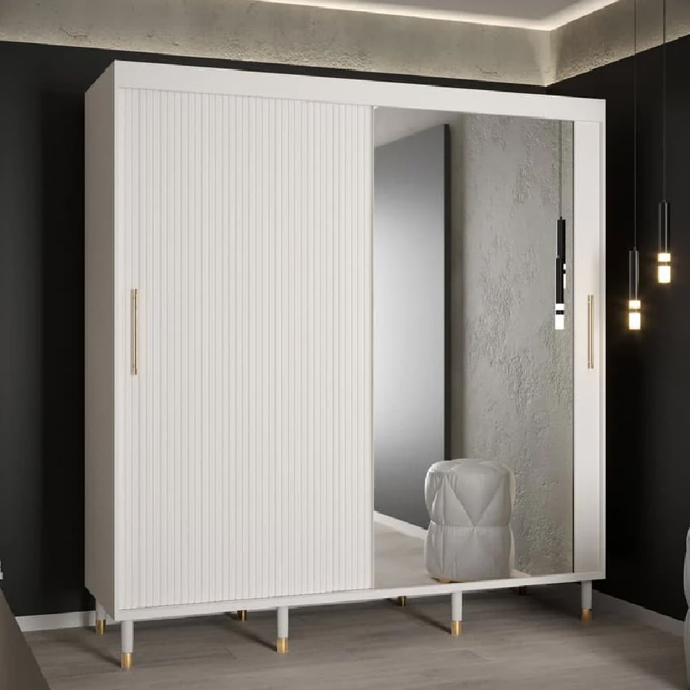 CHOICEWARDROBE Millwall 200cm white sliding wardrobe with ribbed panels and gold handles, one mirrored door.