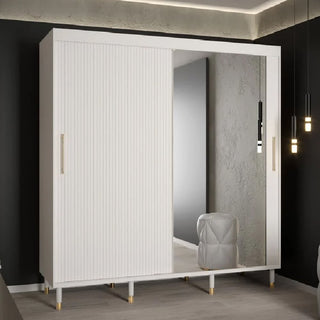 The CHOICEWARDROBE Millwall 200cm White Mirrored Sliding Wardrobe features a ribbed panel design, gold handles, and two sliding doors—one mirrored for added style and luxury storage.