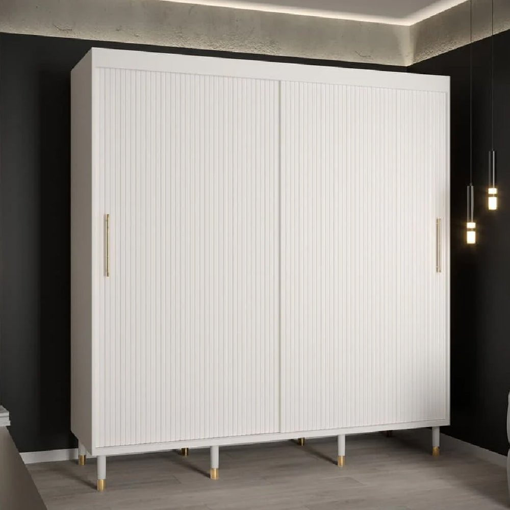 CHOICEWARDROBE Millwall 200cm white fluted sliding door wardrobe with gold handles.