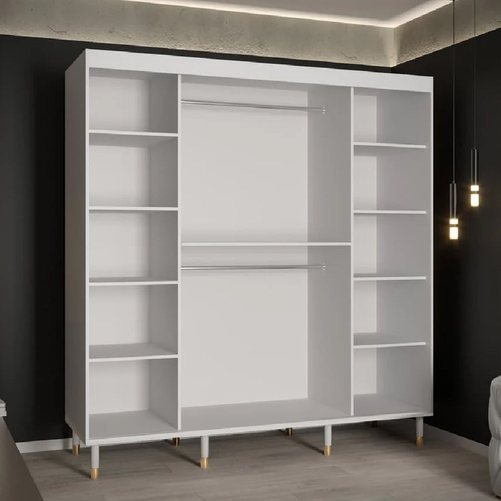 Open view of a white sliding wardrobe interior with shelves and hanging rails.