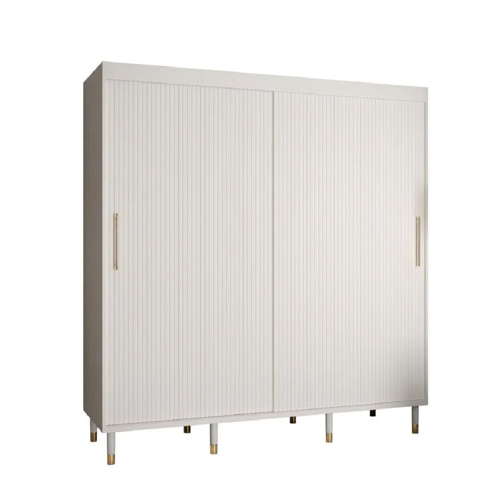 CHOICEWARDROBE Millwall 200cm white wood sliding door wardrobe with fluted panels and gold handles.