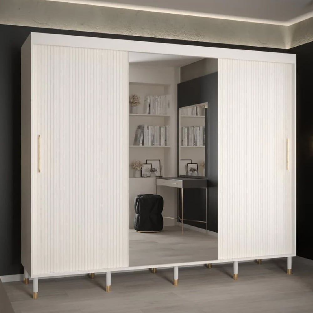 CHOICEWARDROBE Millwall 3 door sliding wardrobe in white ribbed finish with gold handles and a central mirror.