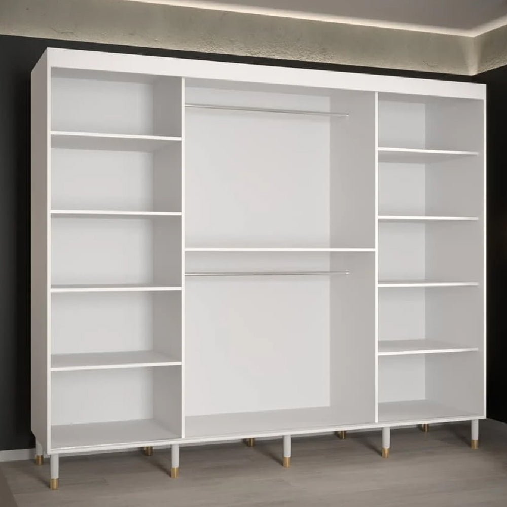 CHOICEWARDROBE Millwall 250cm 3 door sliding wardrobe with white ribbed finish and one mirrored door.