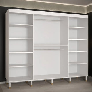 The CHOICEWARDROBE Millwall 250cm 3 Door Mirrored Sliding Wardrobe in a white ribbed finish with gold handles offers luxury modern design and spacious storage, perfect for stylish organization in any contemporary home.