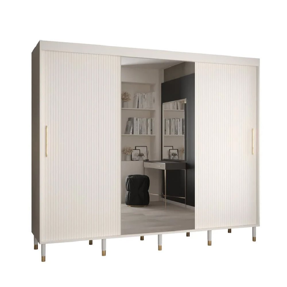 250cm white ribbed sliding wardrobe with 3 doors, 1 mirrored, gold handles