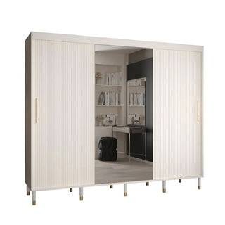 The CHOICEWARDROBE Millwall 250cm 3 Door Mirrored Sliding Wardrobe in a white ribbed finish features gold handles, spacious storage, mirrored doors, and modern luxury design—perfect for organizing your room in style.