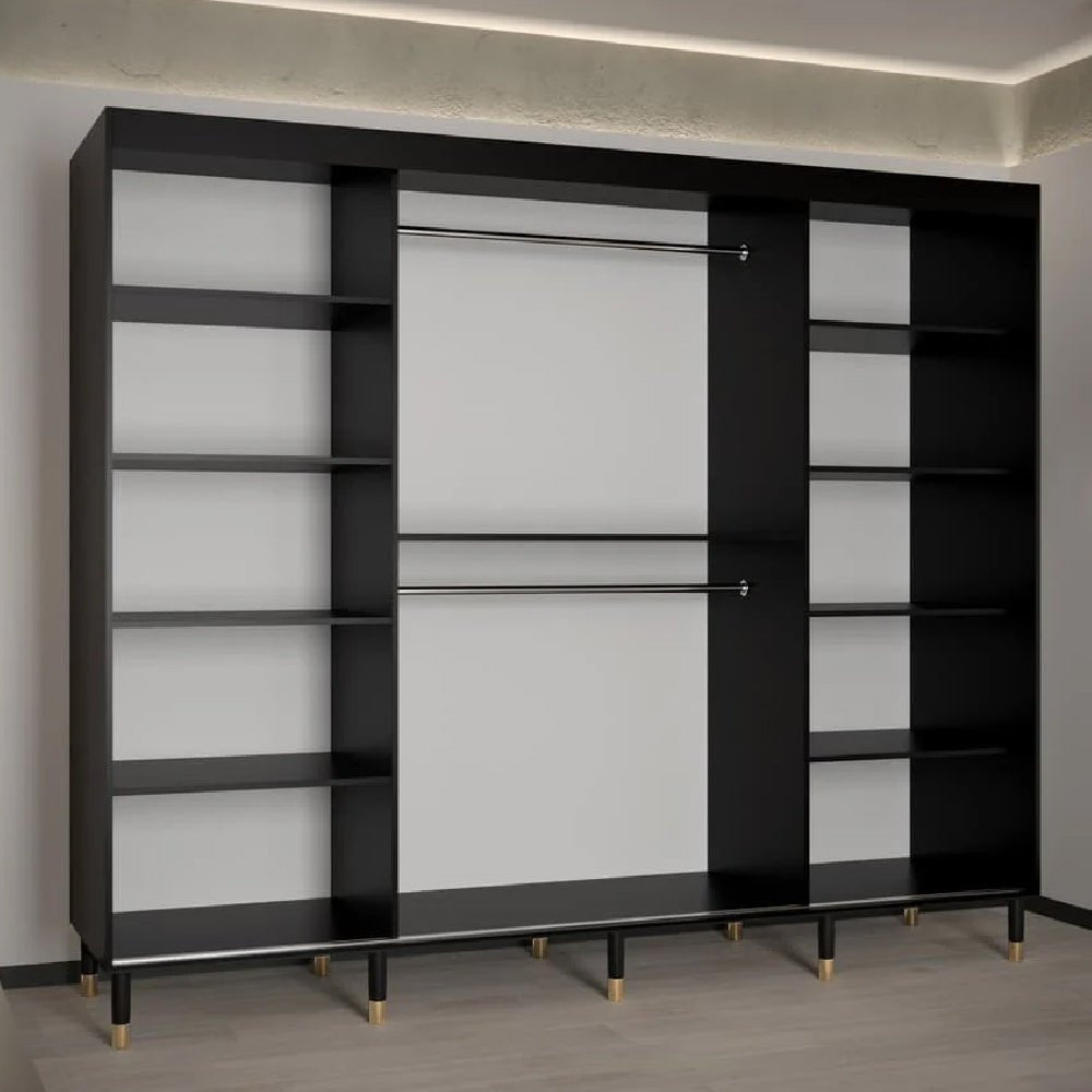 Black 3 door sliding wardrobe with mirrored centre door and organised interior shelving