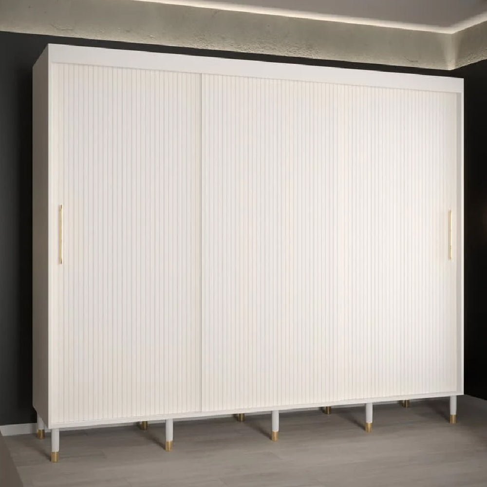 CHOICEWARDROBE Millwall 250cm 3-door white ribbed sliding wardrobe with gold handles.