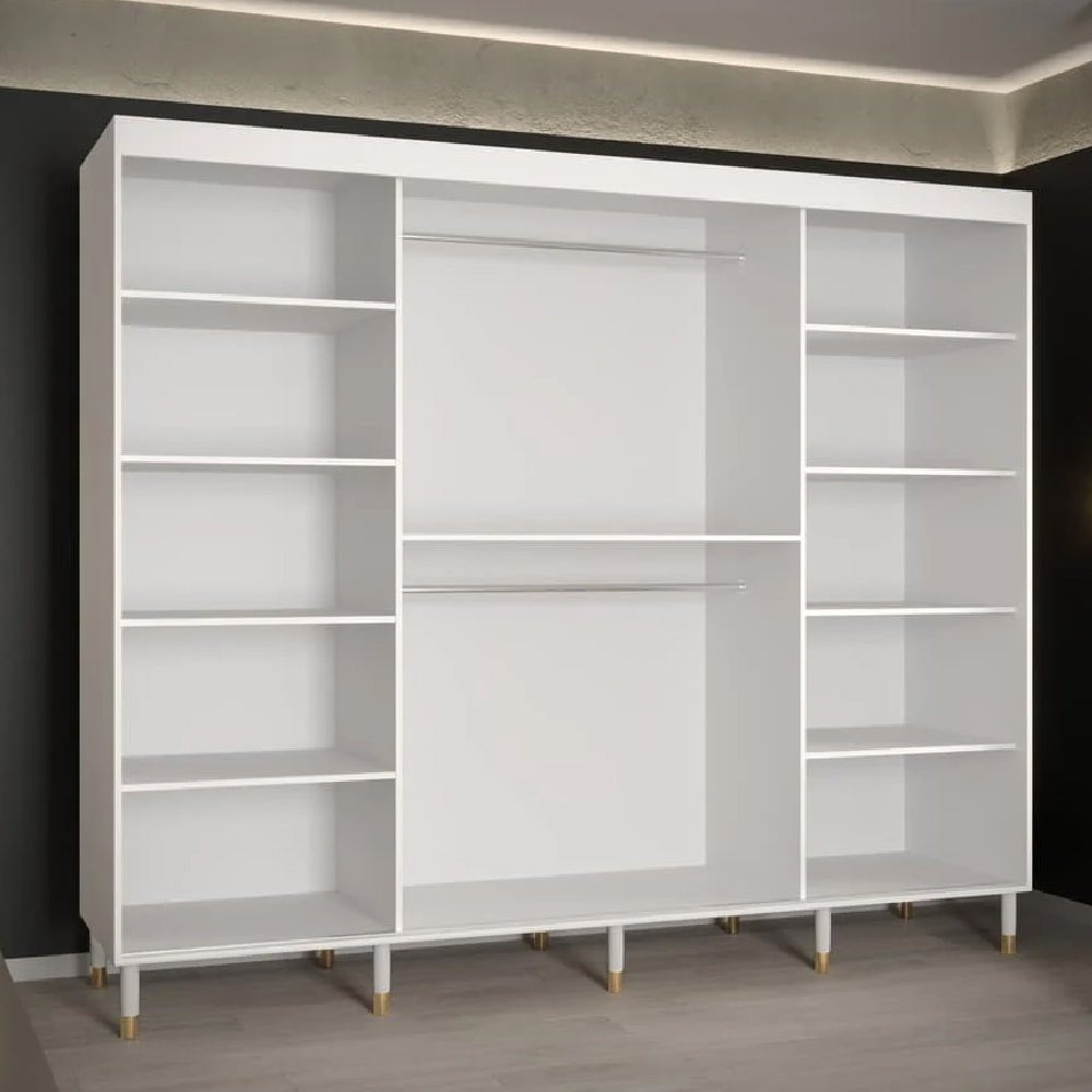 CHOICEWARDROBE 250cm white ribbed sliding door wardrobe with shelves and hanging rails.