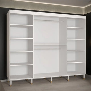 The CHOICEWARDROBE Millwall 250cm 3 Door Sliding Wardrobe features a white ribbed finish, gold handles, multiple shelves, two central hanging rods, and short legs—combining luxury modern design with spacious interior storage.