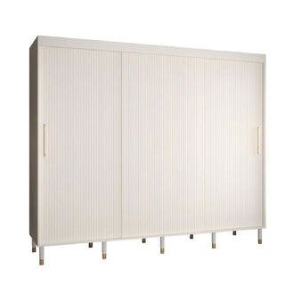 The CHOICEWARDROBE Millwall 250cm 3 Door Sliding Wardrobe features a white ribbed finish, gold handles, and a luxury modern design with spacious interior storage.