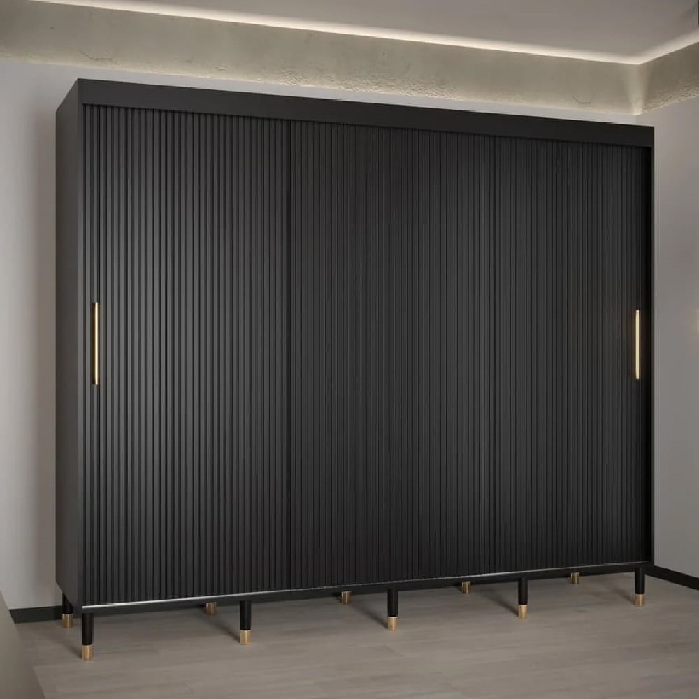 Black 250cm sliding door wardrobe with fluted panels and gold handles.