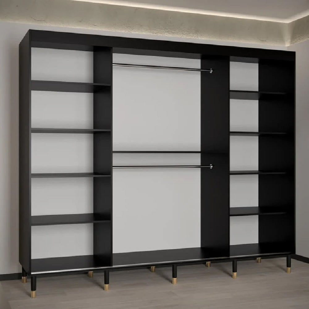 CHOICEWARDROBE Millwall 250cm black wooden sliding door wardrobe with shelves and hanging rails.