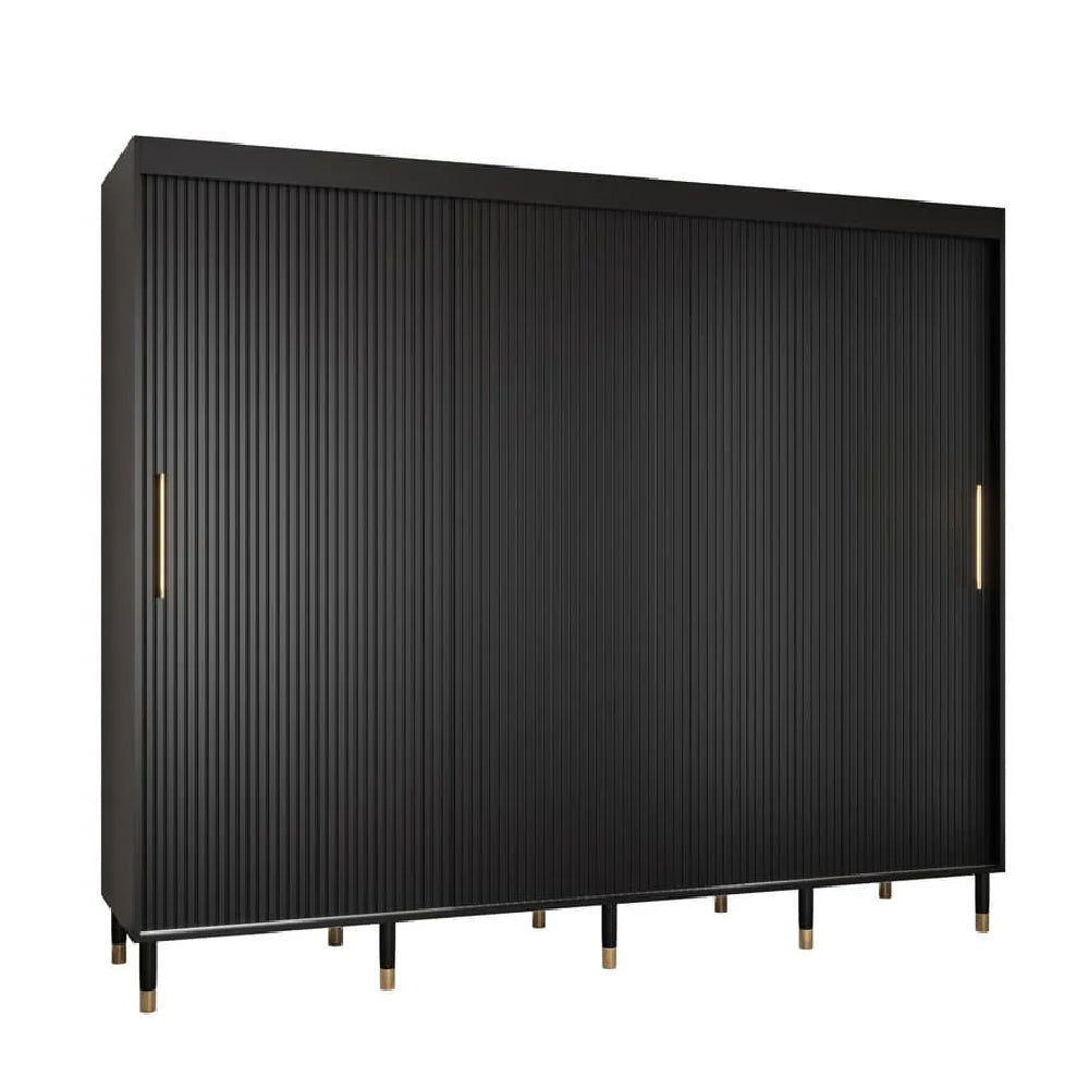 Black fluted sliding door wardrobe with gold handles