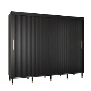 The CHOICEWARDROBE Millwall 250cm Black Wooden Sliding Door Wardrobe features a fluted panel design, gold handles, and a grand luxury storage system for a modern, minimal look.