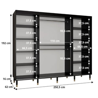 The CHOICEWARDROBE Millwall 250cm Black Wooden Sliding Door Wardrobe features a fluted panel design, gold handles, and a grand luxury storage system. Measuring 192h x 250.5w x 62d cm, it offers stylish and spacious storage for any room.