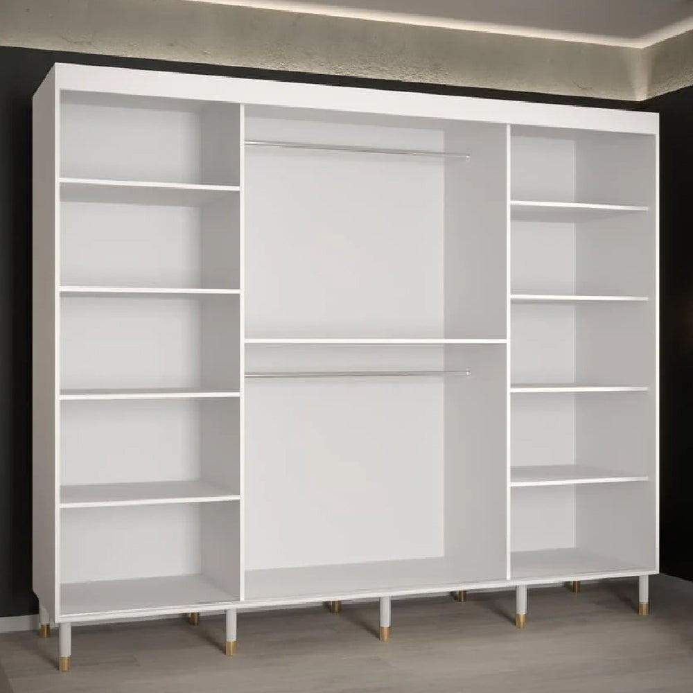 White marble effect sliding door wardrobe with gold handles and ribbed panels