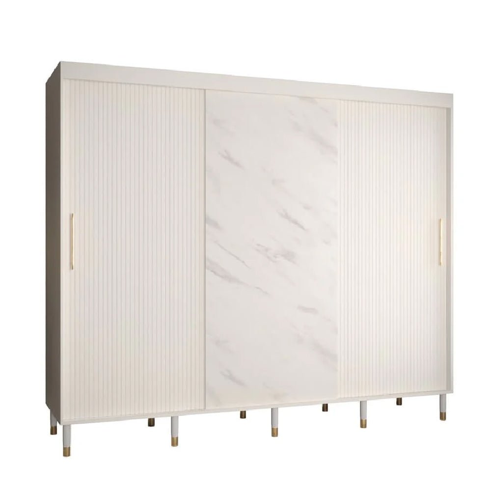 CHOICEWARDROBE Millwall 250cm sliding door wardrobe in white marble effect with ribbed panels and gold handles.