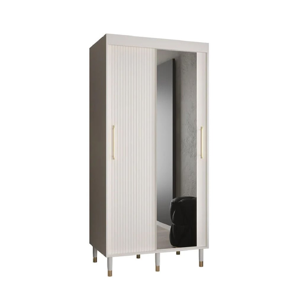 CHOICEWARDROBE Millwall 100cm white sliding door wardrobe with mirrored panel and gold handles.