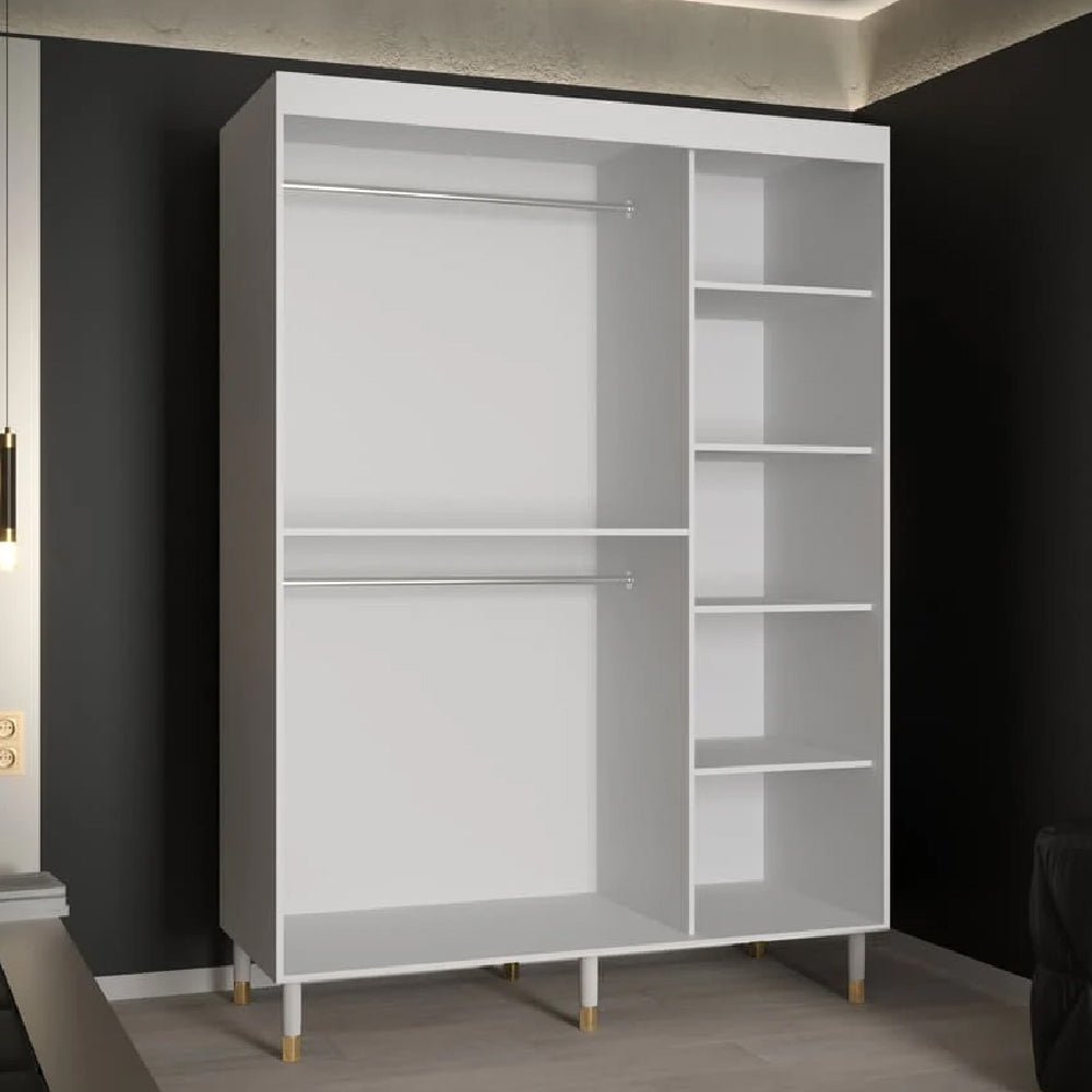 White wardrobe with sliding doors, showing internal shelves and hanging rails.