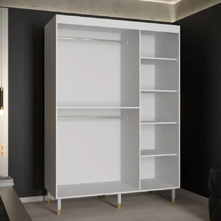 The CHOICEWARDROBE Millwall Mirrored Wardrobe (150cm) features 2 white sliding doors with gold handles, a ribbed panel design, and a full-length mirror—offering modern, premium bedroom storage and style.