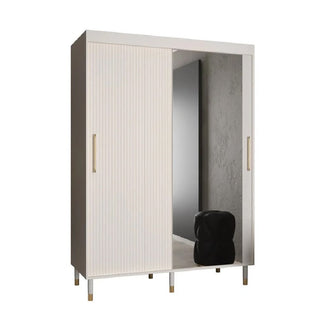 The CHOICEWARDROBE Millwall Mirrored Wardrobe features two sliding doors—one solid white with ribbed panels and gold handles, the other a full-length mirror—offering modern, compact bedroom storage at 150cm wide.