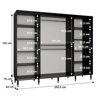 Technical drawing of Millwall 250cm sliding wardrobe with detailed internal measurements and section breakdown.