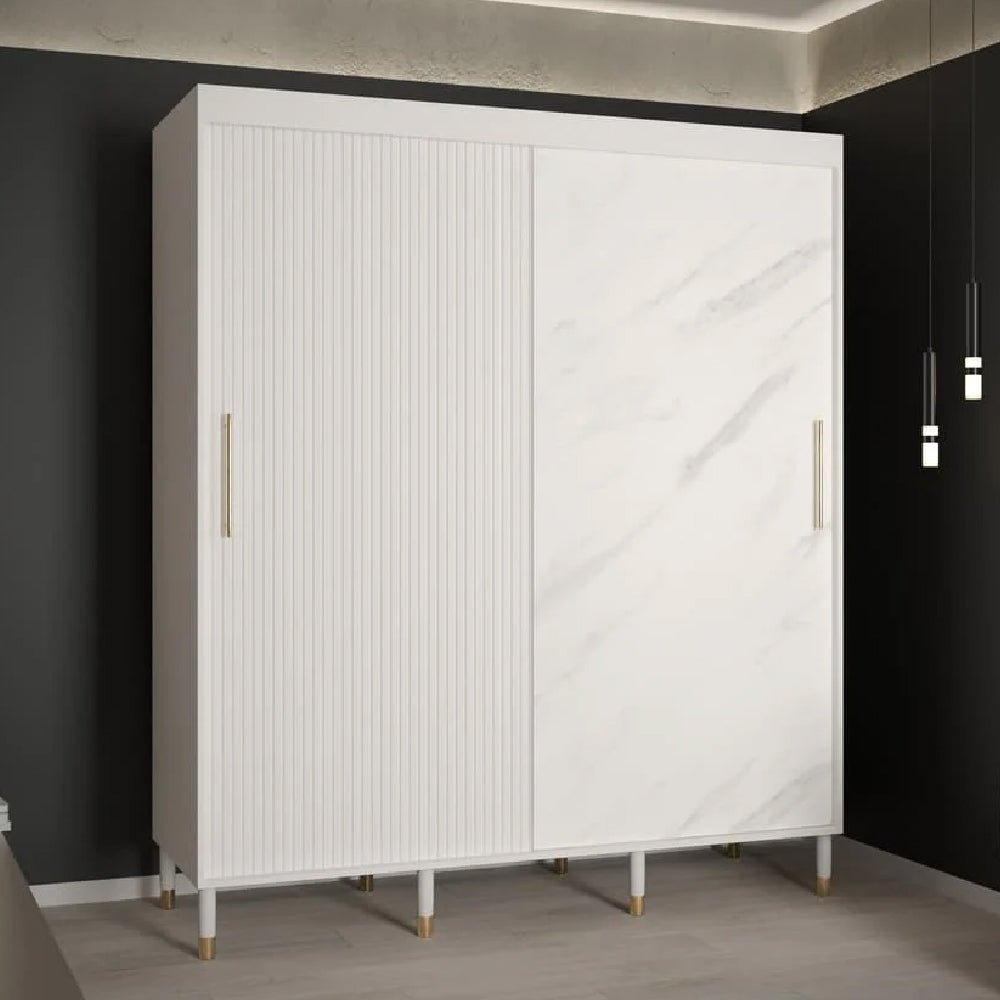 CHOICEWARDROBE Millwall 180cm sliding wardrobe: white marble & fluted doors, gold handles, 6 legs.