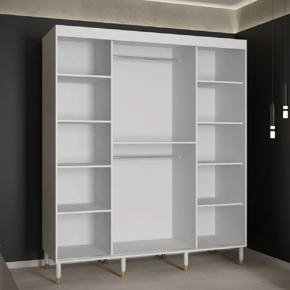 CHOICEWARDROBE 180cm 2-door white marble effect sliding wardrobe with fluted panels and gold handles.