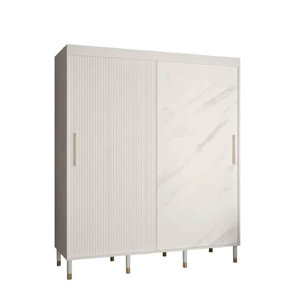 CHOICEWARDROBE Millwall 180cm two-door sliding wardrobe in white marble effect and fluted panel with gold handles.