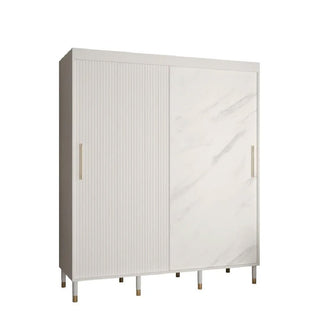 CHOICEWARDROBE Millwall 180cm two-door sliding wardrobe in white marble effect and fluted panel with gold handles.