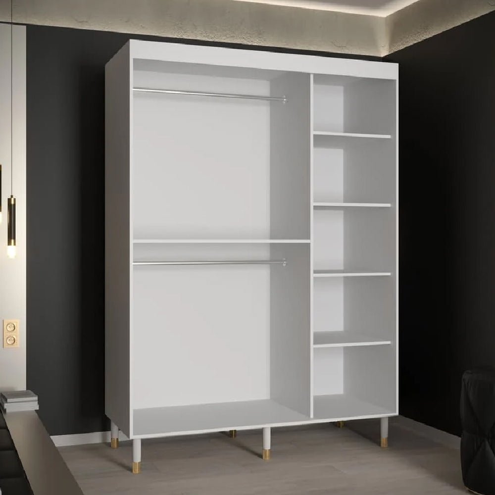 White sliding wardrobe with open internal view showing two hanging rails and five shelves.