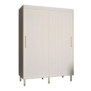 The CHOICEWARDROBE Millwall Wooden Sliding Door Wardrobe features a 150cm width, white finish, gold handles, and a ribbed panel design, making it an elegant storage solution for your bedroom. Displayed against a plain white background.
