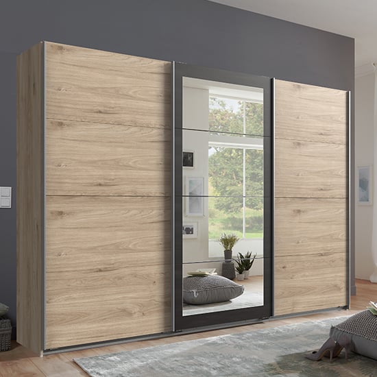 CHOICEWARDROBE Minden 270cm 3-door sliding wardrobe in Oak and Graphite with central mirror