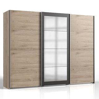 The CHOICEWARDROBE Minden 270cm 3 Door Sliding Wardrobe in Oak and Graphite features a central mirrored door framed in black, Nordic design, and stylish plain wood side doors—all at an affordable price.