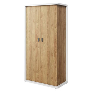 The CHOICEWARDROBE Minot Kids 2 Door Wooden Wardrobe in oak & white finish features shelves and a hanging rail, offering compact modern storage with black handles, displayed against a plain white background.