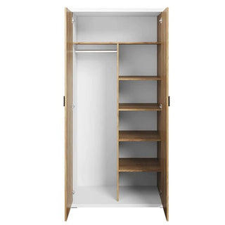 The CHOICEWARDROBE Minot Kids 2 Door Wooden Wardrobe features an oak and white finish, with a hanging rail on the left and four shelves on the right—compact modern storage, perfect for kids' rooms.