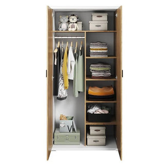 The CHOICEWARDROBE Minot Kids 2 Door Wooden Wardrobe in Oak & White Finish features shelves, a hanging rail, and compact modern storage—perfect for organizing clothes, folded items, boxes, and toys in any child's room.